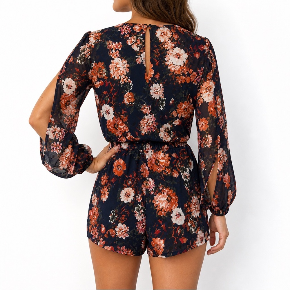 Lulus Floral Romper Dress Overlay Split Sleeve Boho Skort Navy Small - Picture 2 of 16